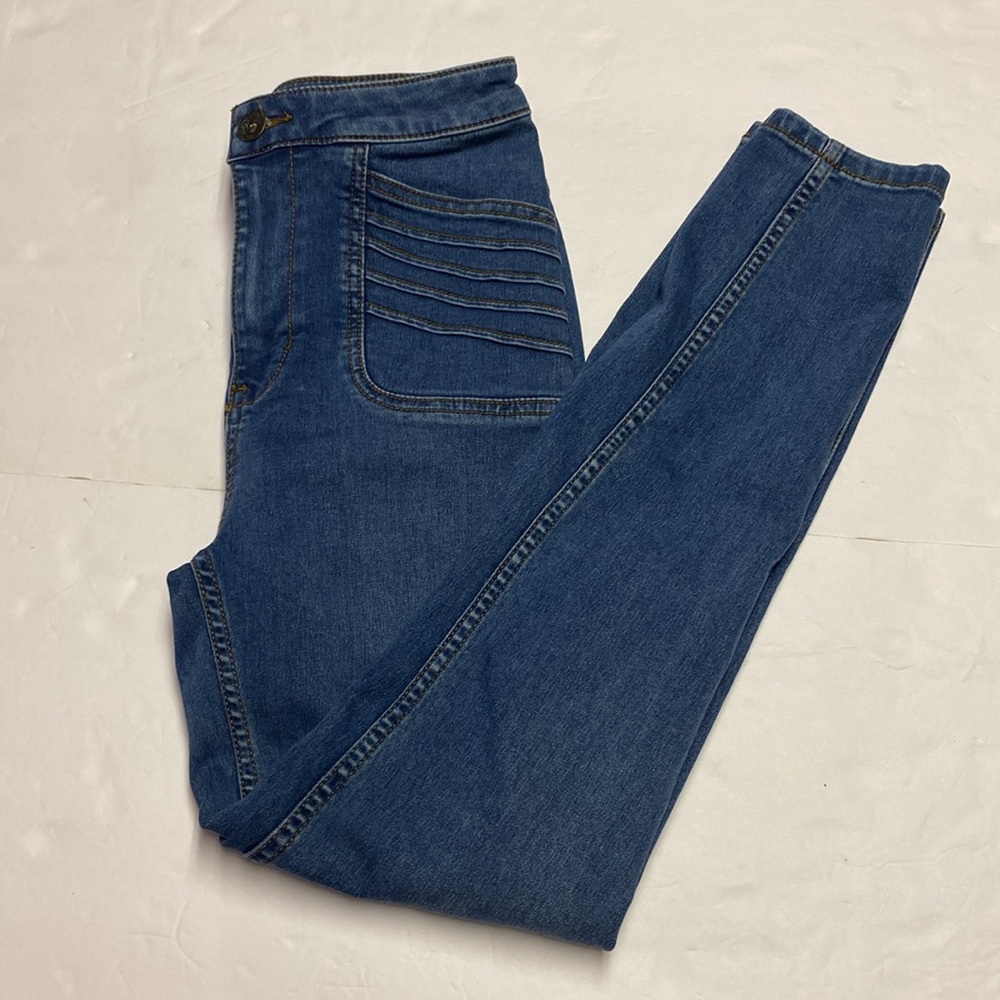 Free People High Rise Stretch skinny Jeans Med wash Layered Pockets Women’s 27